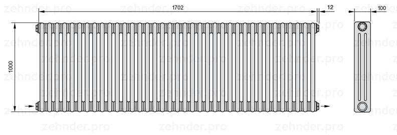 Схема (чертеж) Радиатор Zehnder Charleston 3100/37 №2670 Белый глянцевый RAL 9016